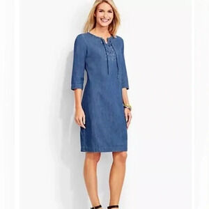 Talbots Womens Denim Chambray 3/4 Sleeve Lace Up Shift Dress Size 4 Petite